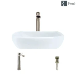 Rene 17" Round Porcelain Bathroom Sink, White, with Faucet, R2-5011-W-R9-7007-BN