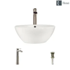 Rene 16" Round Porcelain Bathroom Sink, Biscuit, with Faucet, R2-5031-B-R9-7007-BN
