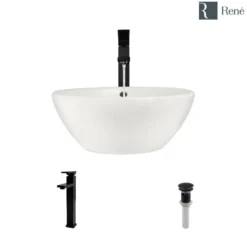 Rene 16" Round Porcelain Bathroom Sink, Biscuit, with Faucet, R2-5031-B-R9-7003-ABR
