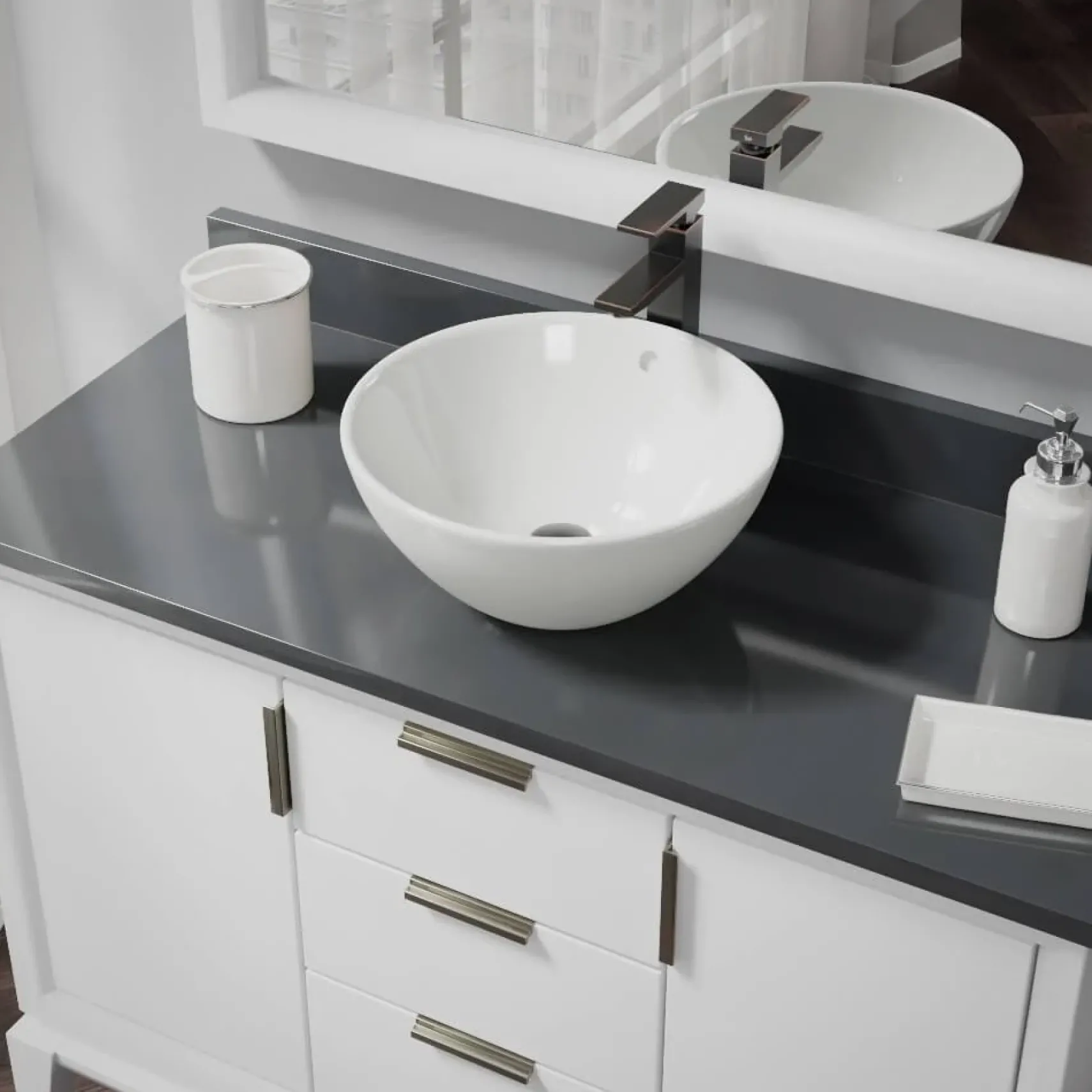 Rene 16" Round Porcelain Bathroom Sink, Biscuit, with Faucet, R2-5031-B-R9-7003-ABR