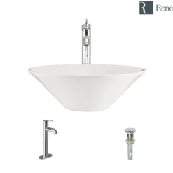 Rene 17" Round Porcelain Bathroom Sink, Biscuit, with Faucet, R2-5015-B-R9-7001-C
