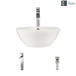 Rene 16" Round Porcelain Bathroom Sink, Biscuit, with Faucet, R2-5031-B-R9-7003-C