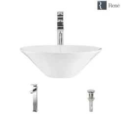 Rene 17" Round Porcelain Bathroom Sink, White, with Faucet, R2-5015-W-R9-7003-C