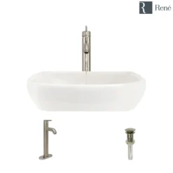 Rene 17" Round Porcelain Bathroom Sink, Biscuit, with Faucet, R2-5011-B-R9-7001-BN