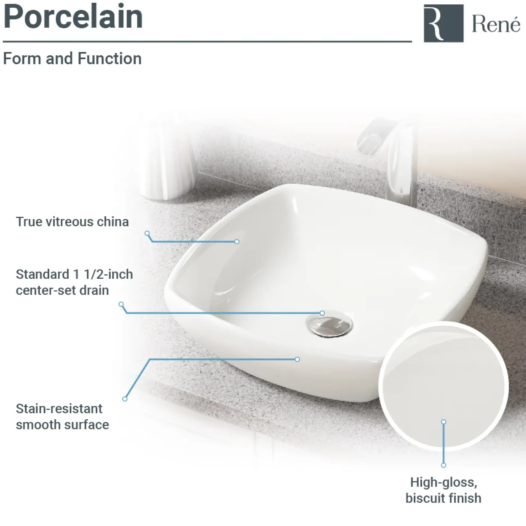 Rene 17" Round Porcelain Bathroom Sink, Biscuit, with Faucet, R2-5011-B-R9-7001-BN