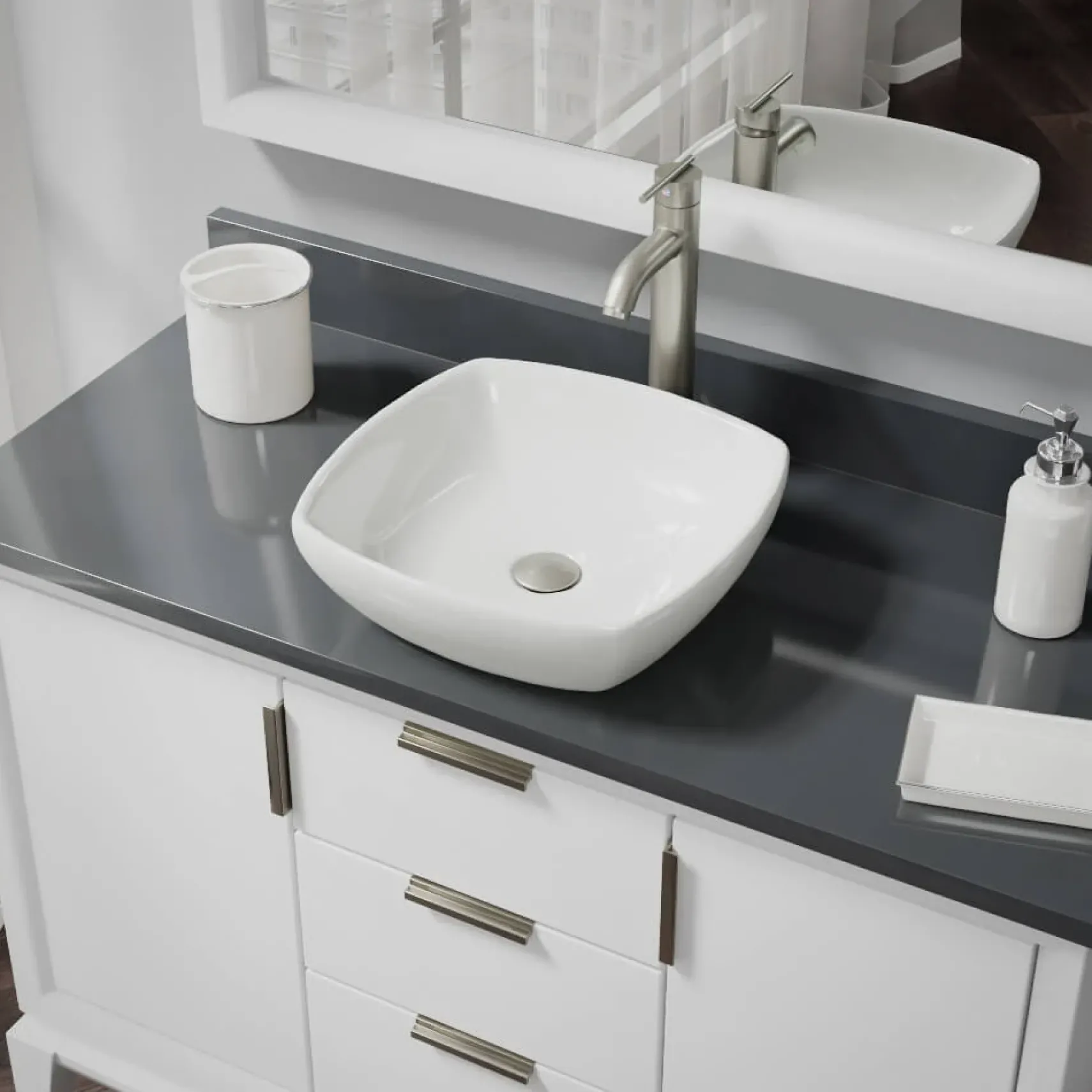 Rene 17" Round Porcelain Bathroom Sink, Biscuit, with Faucet, R2-5011-B-R9-7001-BN