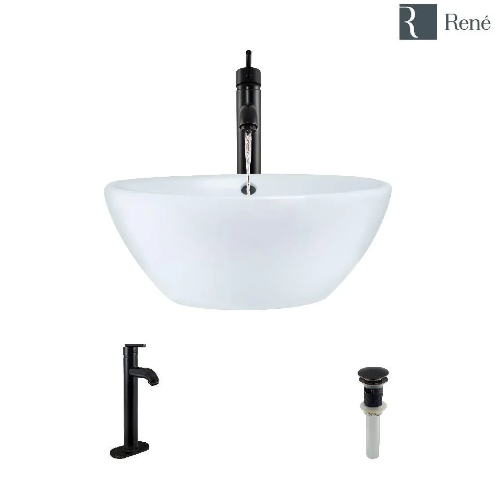 Rene 16" Round Porcelain Bathroom Sink, White, with Faucet, R2-5031-W-R9-7001-ABR