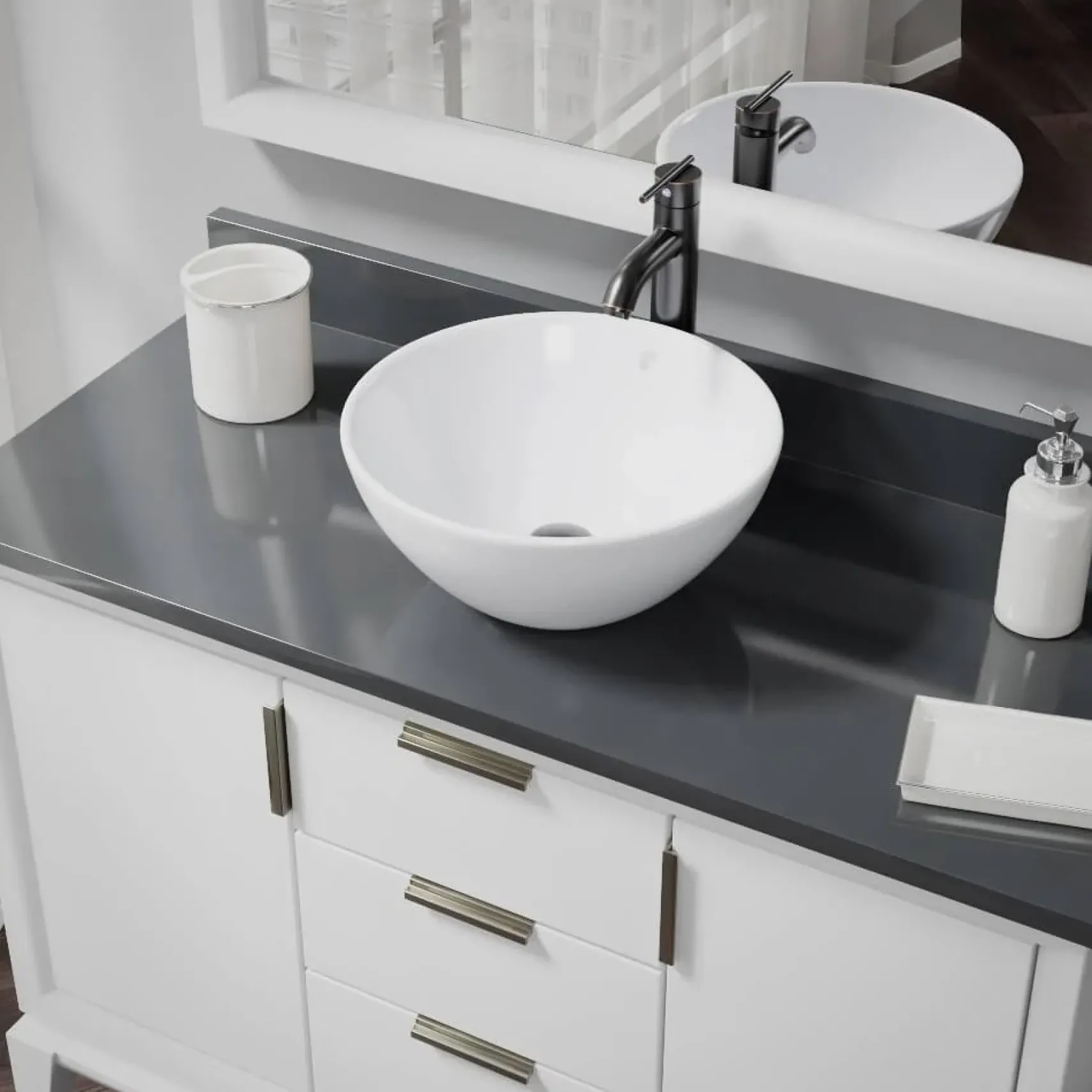 Rene 16" Round Porcelain Bathroom Sink, White, with Faucet, R2-5031-W-R9-7001-ABR
