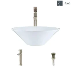 Rene 17" Round Porcelain Bathroom Sink, White, with Faucet, R2-5015-W-R9-7003-BN