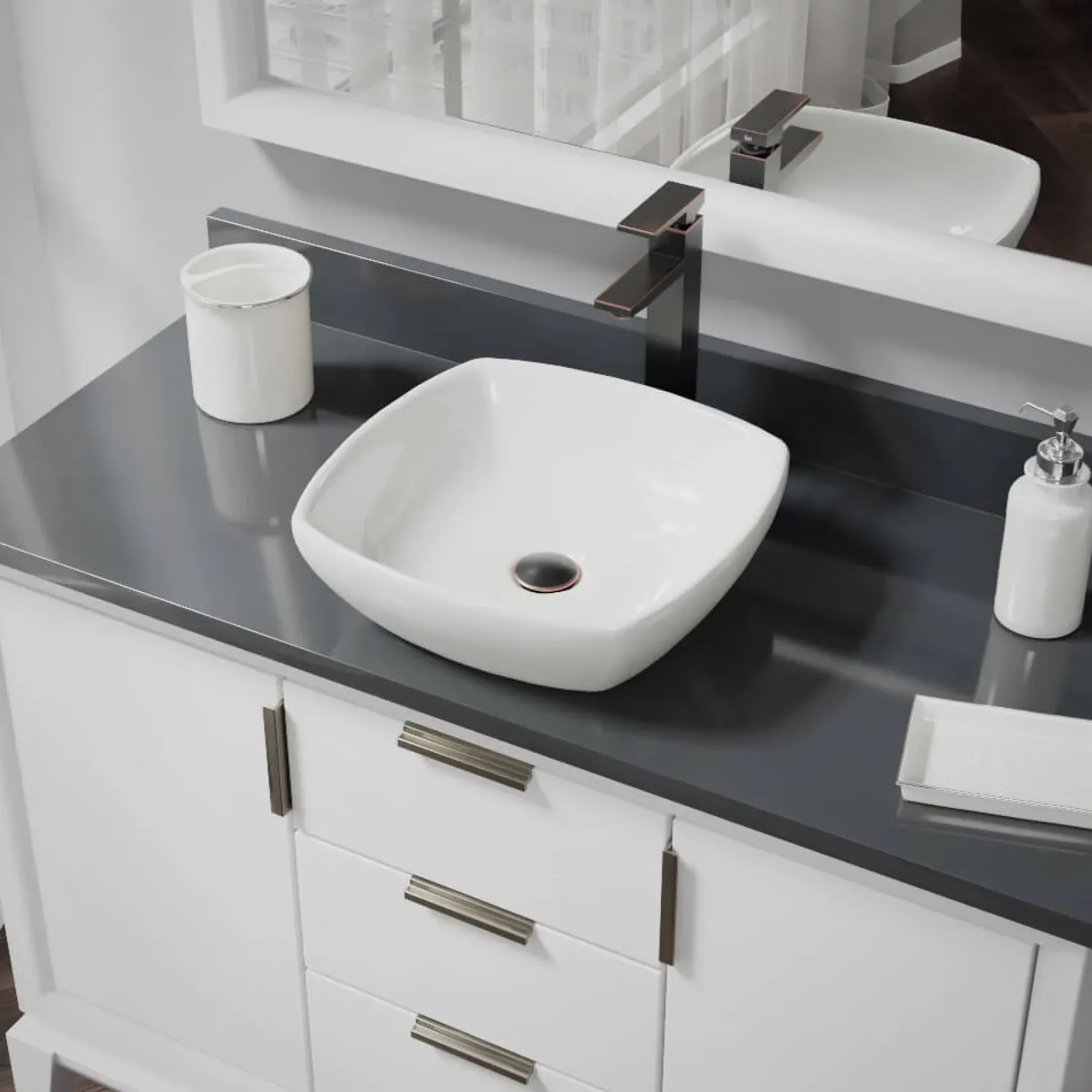 Rene 17" Round Porcelain Bathroom Sink, Biscuit, with Faucet, R2-5011-B-R9-7003-ABR