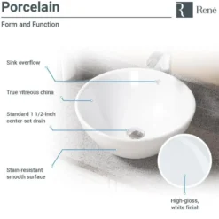 Rene 16" Round Porcelain Bathroom Sink, White, with Faucet, R2-5031-W-R9-7003-BN