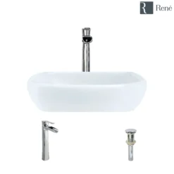 Rene 17" Round Porcelain Bathroom Sink, White, with Faucet, R2-5011-W-R9-7007-C