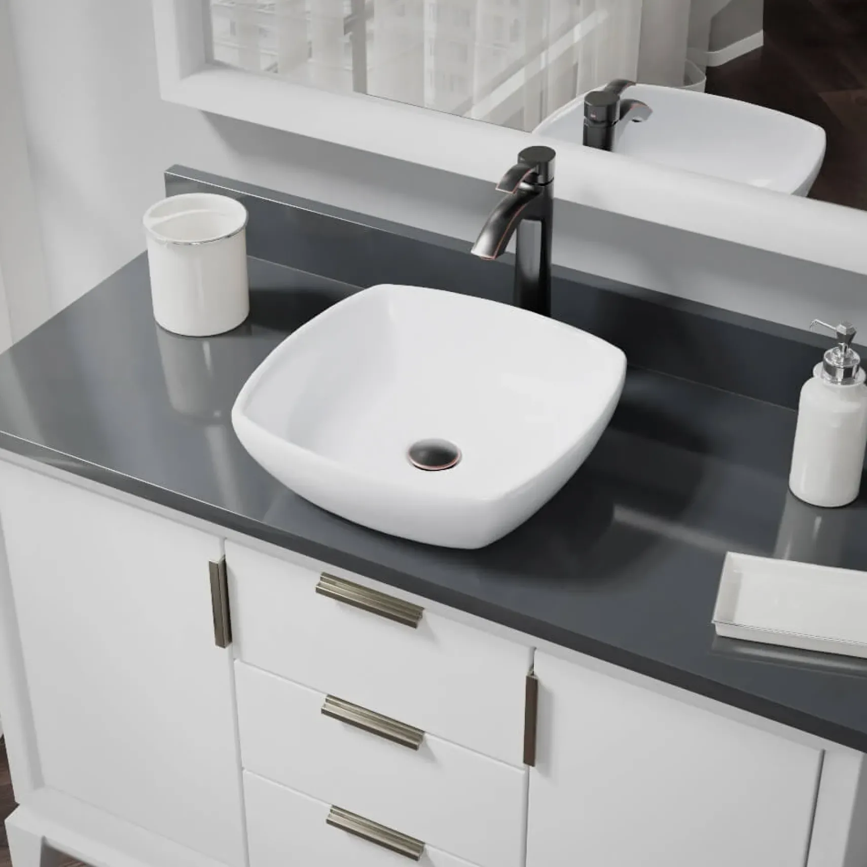 Rene 17" Round Porcelain Bathroom Sink, White, with Faucet, R2-5011-W-R9-7006-ABR