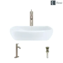 Rene 17" Round Porcelain Bathroom Sink, White, with Faucet, R2-5011-W-R9-7001-BN