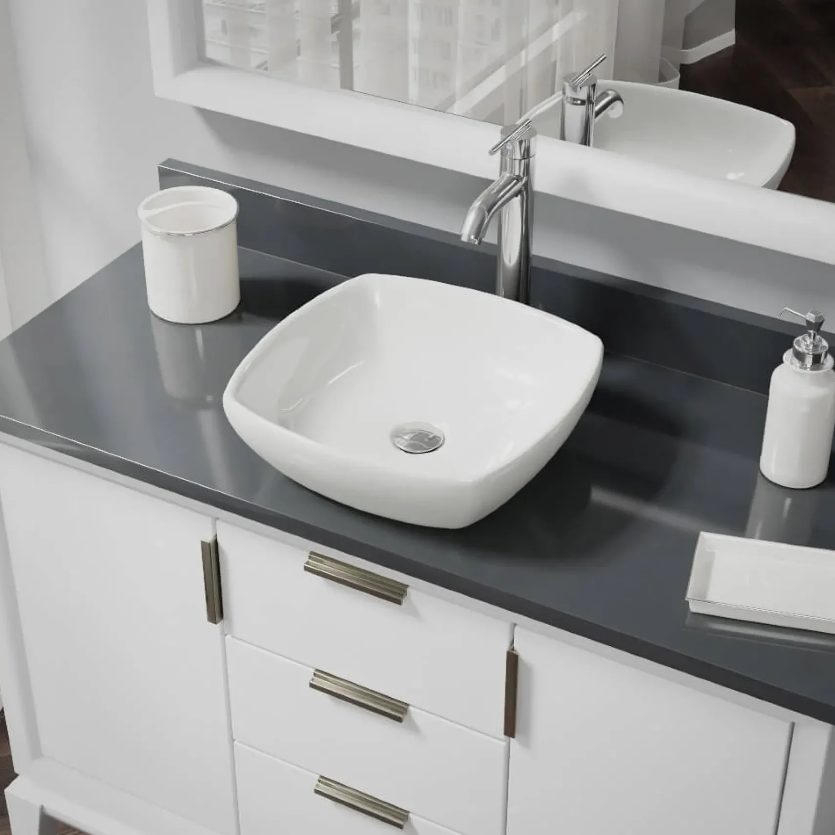 Rene 17" Round Porcelain Bathroom Sink, Biscuit, with Faucet, R2-5011-B-R9-7001-C