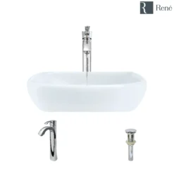 Rene 17" Round Porcelain Bathroom Sink, White, with Faucet, R2-5011-W-R9-7006-C