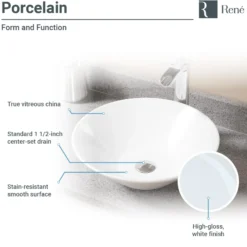 Rene 17" Round Porcelain Bathroom Sink, White, with Faucet, R2-5015-W-R9-7001-BN