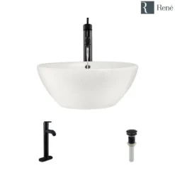 Rene 16" Round Porcelain Bathroom Sink, Biscuit, with Faucet, R2-5031-B-R9-7001-ABR