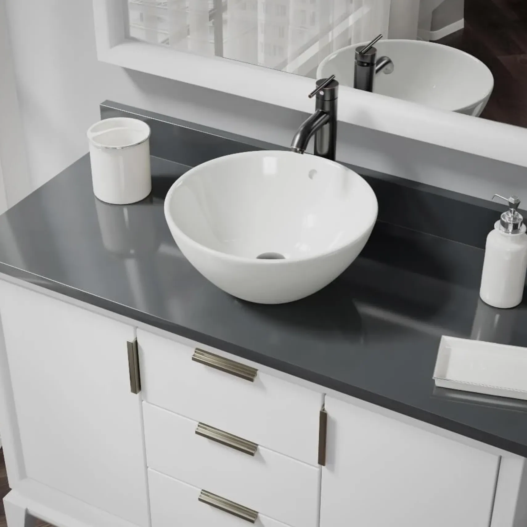 Rene 16" Round Porcelain Bathroom Sink, Biscuit, with Faucet, R2-5031-B-R9-7001-ABR