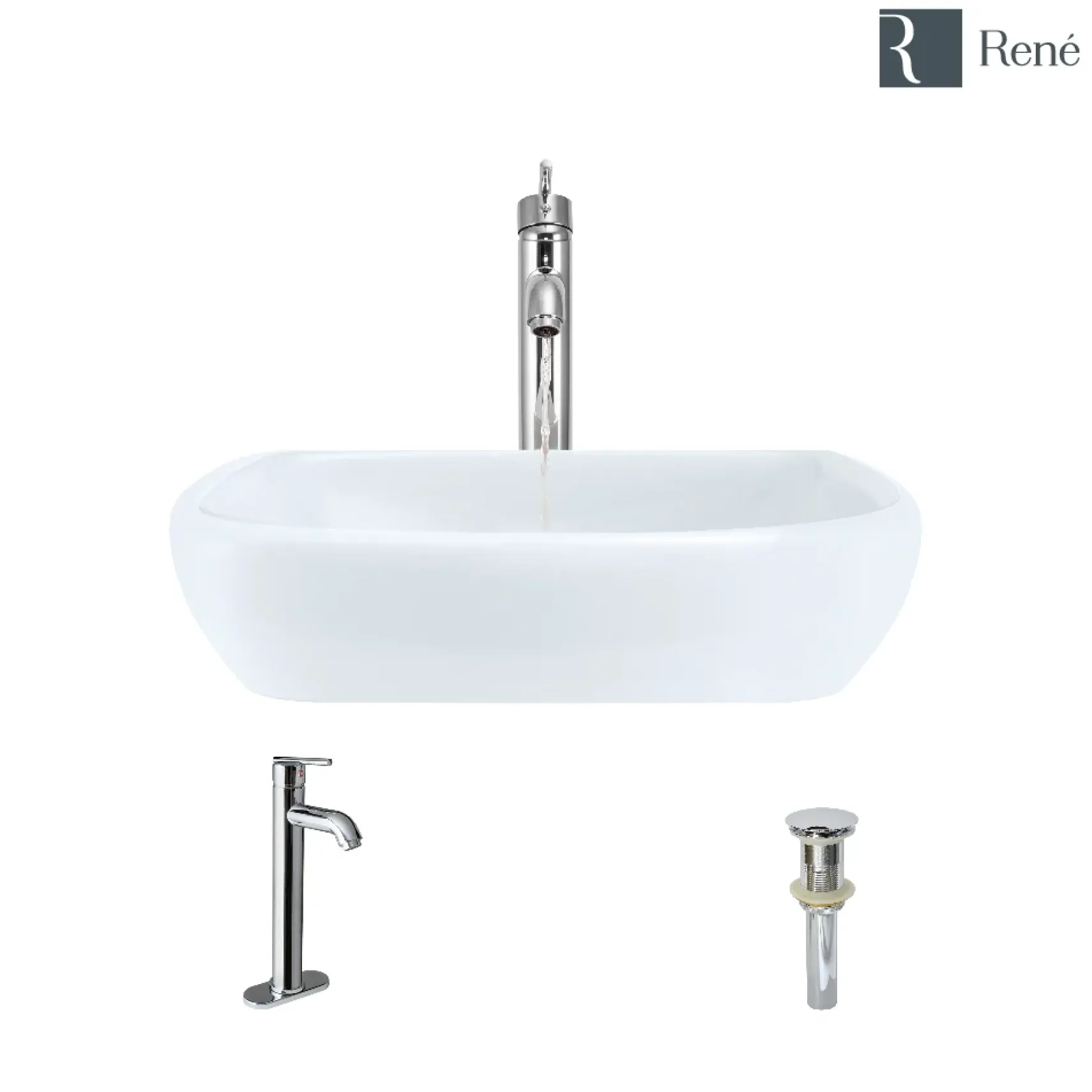 Rene 17" Round Porcelain Bathroom Sink, White, with Faucet, R2-5011-W-R9-7001-C