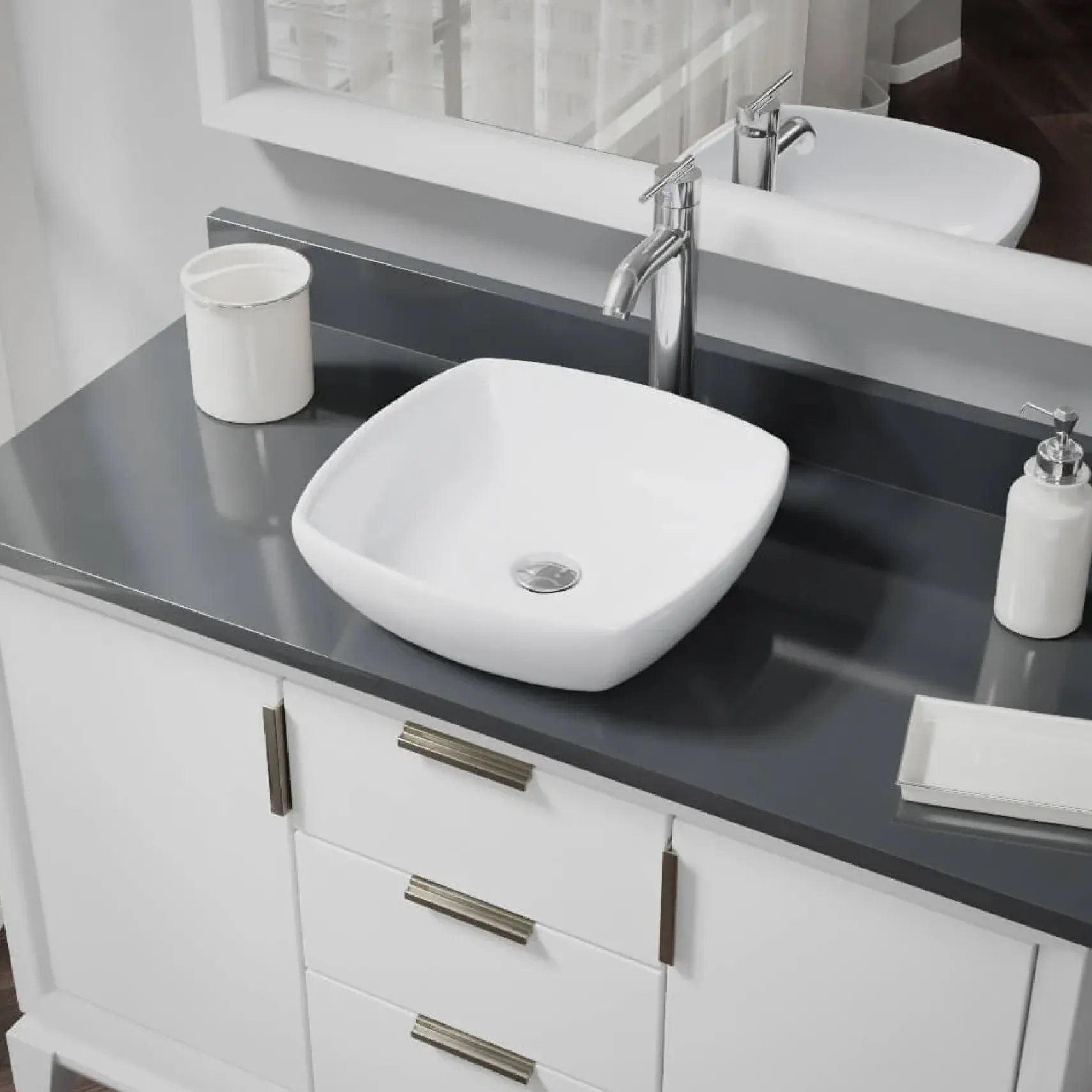 Rene 17" Round Porcelain Bathroom Sink, White, with Faucet, R2-5011-W-R9-7001-C