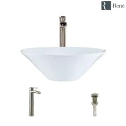 Rene 17" Round Porcelain Bathroom Sink, White, with Faucet, R2-5015-W-R9-7007-BN