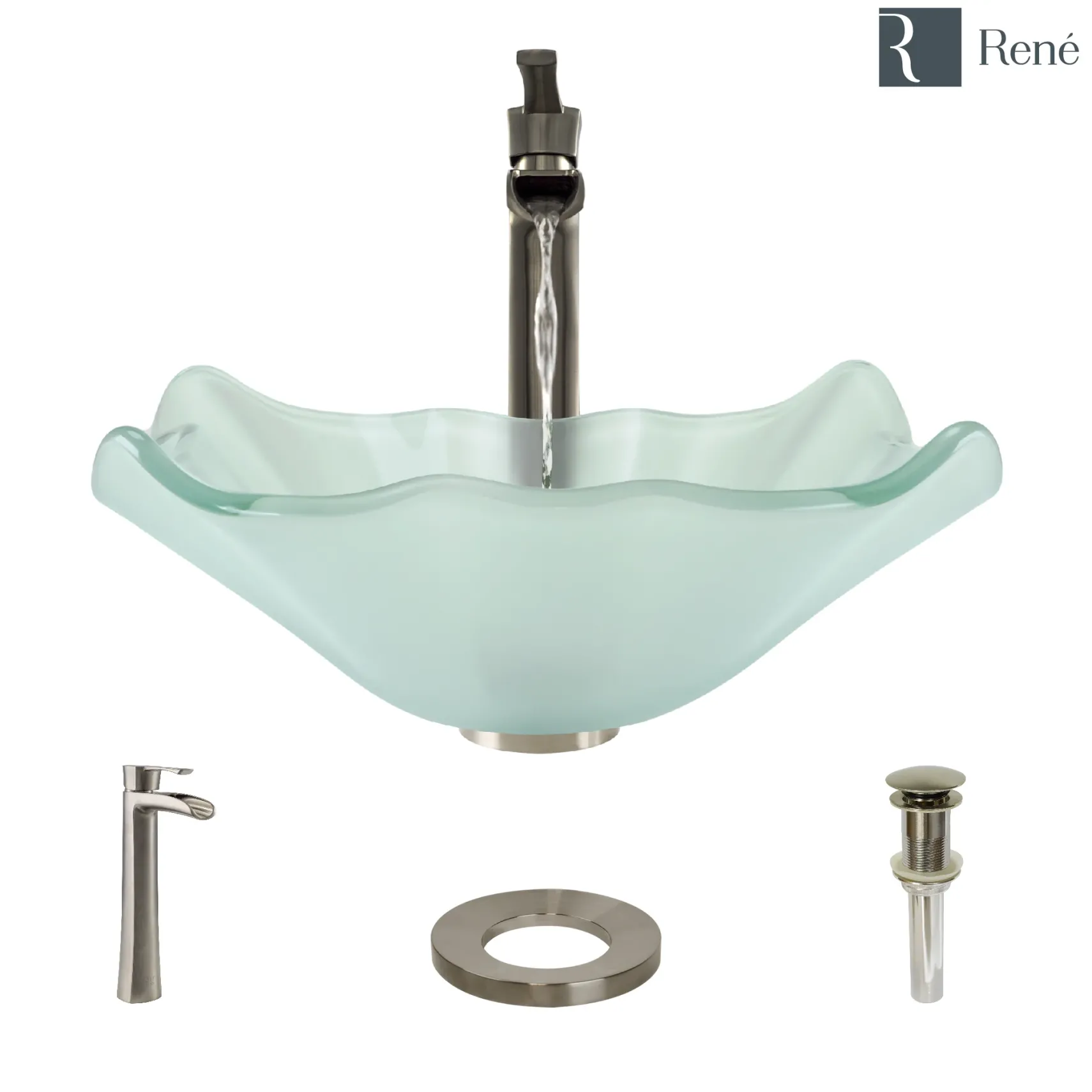 Rene 17" Specialty Glass Bathroom Sink, Frosted, with Faucet, R5-5011-R9-7007-BN