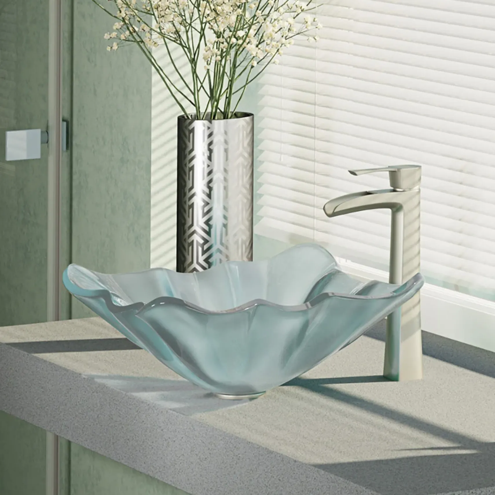 Rene 17" Specialty Glass Bathroom Sink, Frosted, with Faucet, R5-5011-R9-7007-BN