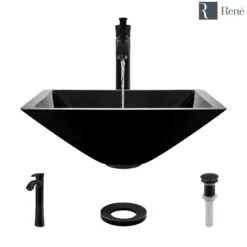 Rene 17" Square Glass Bathroom Sink, Noir, with Faucet, R5-5003-NOR-R9-7006-ABR