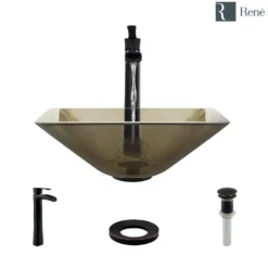 Rene 17" Square Glass Bathroom Sink, Cashmere, with Faucet, R5-5003-CAS-R9-7007-ABR