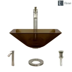 Rene 17" Square Glass Bathroom Sink, Cashmere, with Faucet, R5-5003-CAS-R9-7006-BN