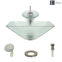 Rene 17" Square Glass Bathroom Sink, Textured, with Faucet, R5-5004-WF-BN