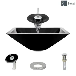Rene 17" Square Glass Bathroom Sink, Noir, with Faucet, R5-5003-NOR-WF-C
