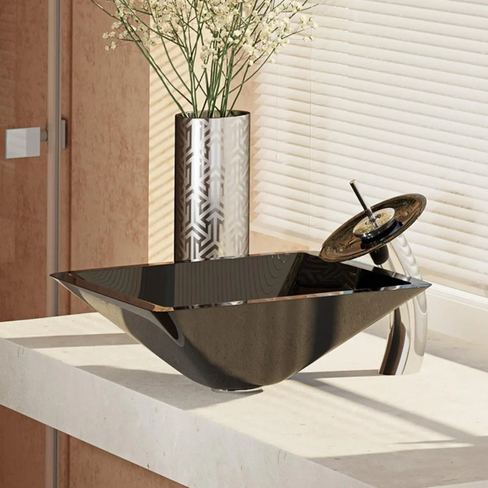 Rene 17" Square Glass Bathroom Sink, Noir, with Faucet, R5-5003-NOR-WF-C
