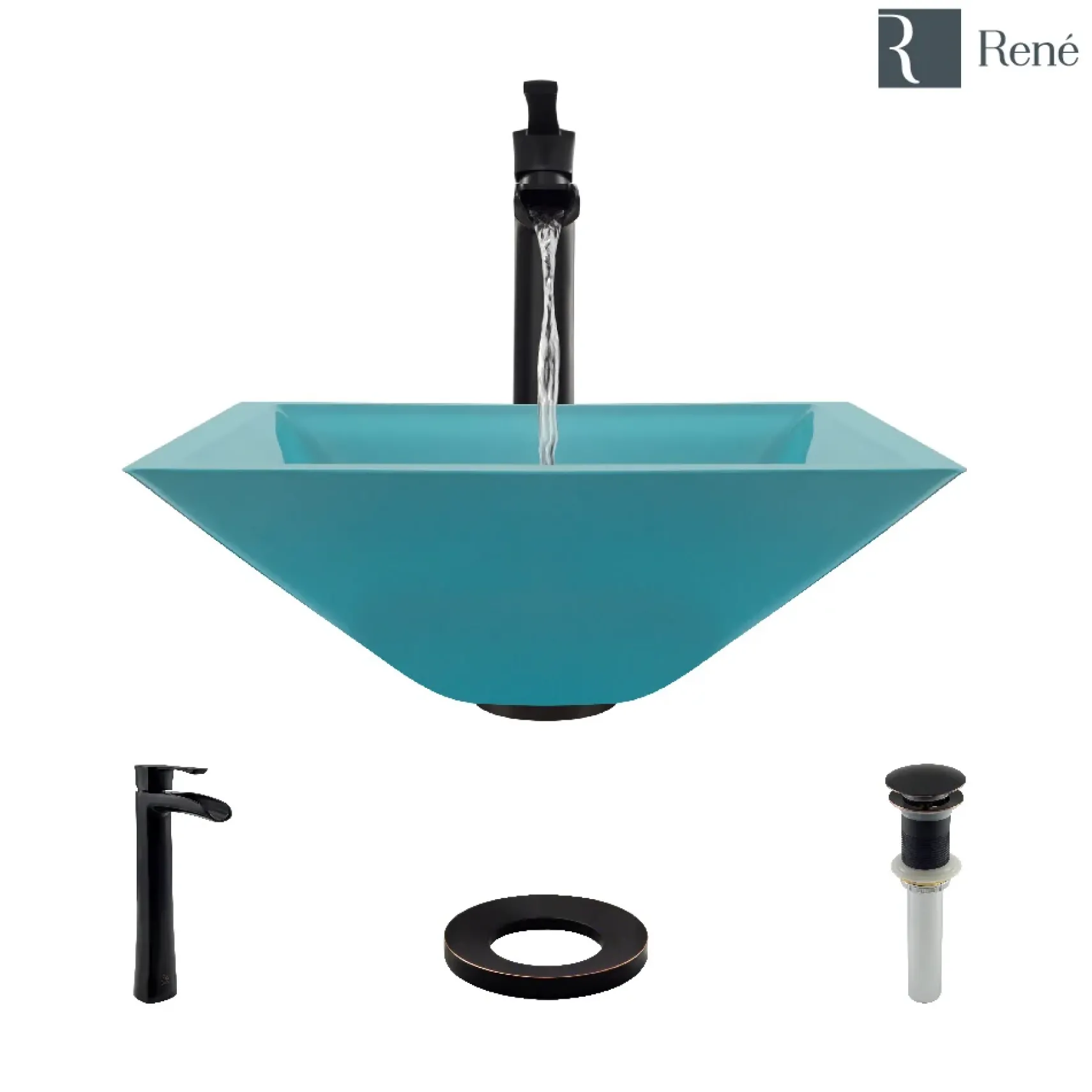 Rene 17" Square Glass Bathroom Sink, Cerulean, with Faucet, R5-5003-CER-R9-7007-ABR