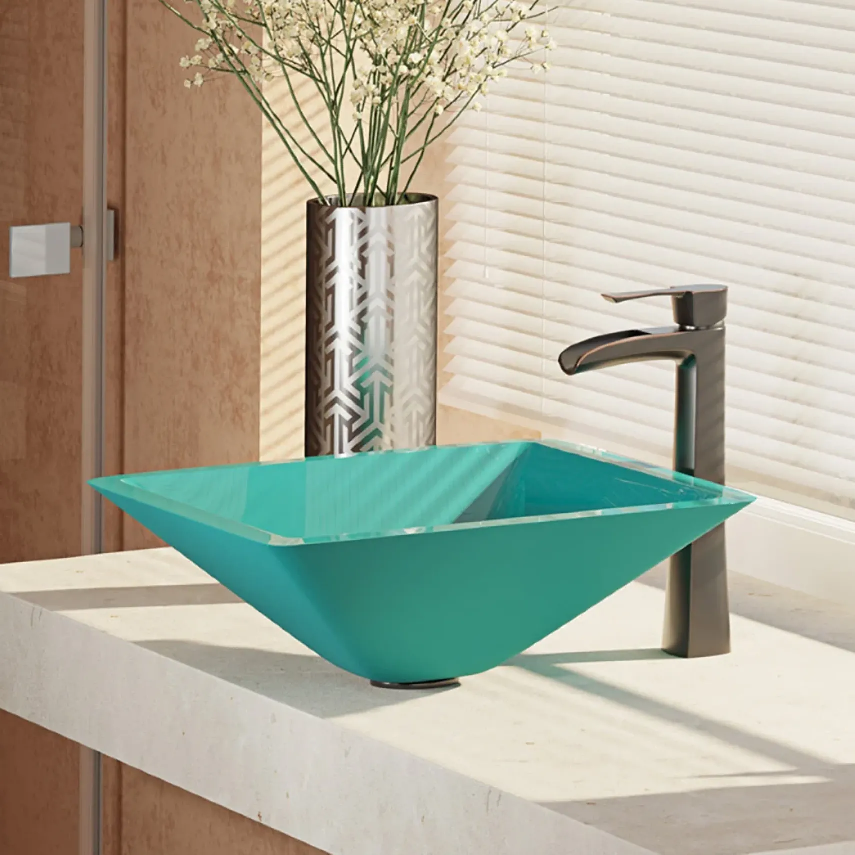 Rene 17" Square Glass Bathroom Sink, Cerulean, with Faucet, R5-5003-CER-R9-7007-ABR