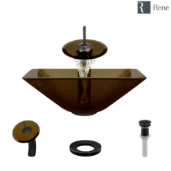 Rene 17" Square Glass Bathroom Sink, Cashmere, with Faucet, R5-5003-CAS-WF-ABR
