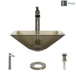 Rene 17" Square Glass Bathroom Sink, Cashmere, with Faucet, R5-5003-CAS-R9-7007-BN