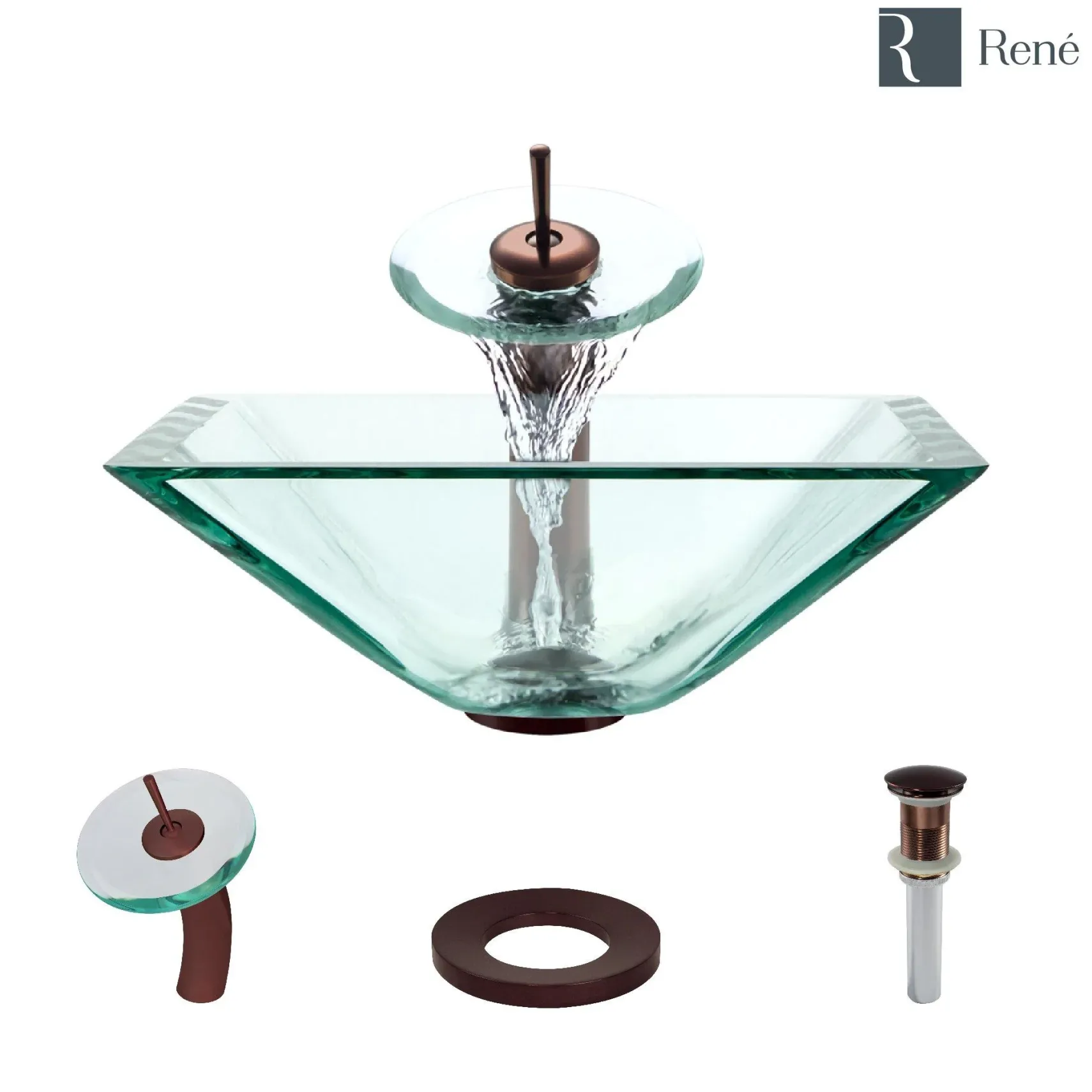 Rene 17" Square Glass Bathroom Sink, Crystal, with Faucet, R5-5003-CRY-WF-ORB