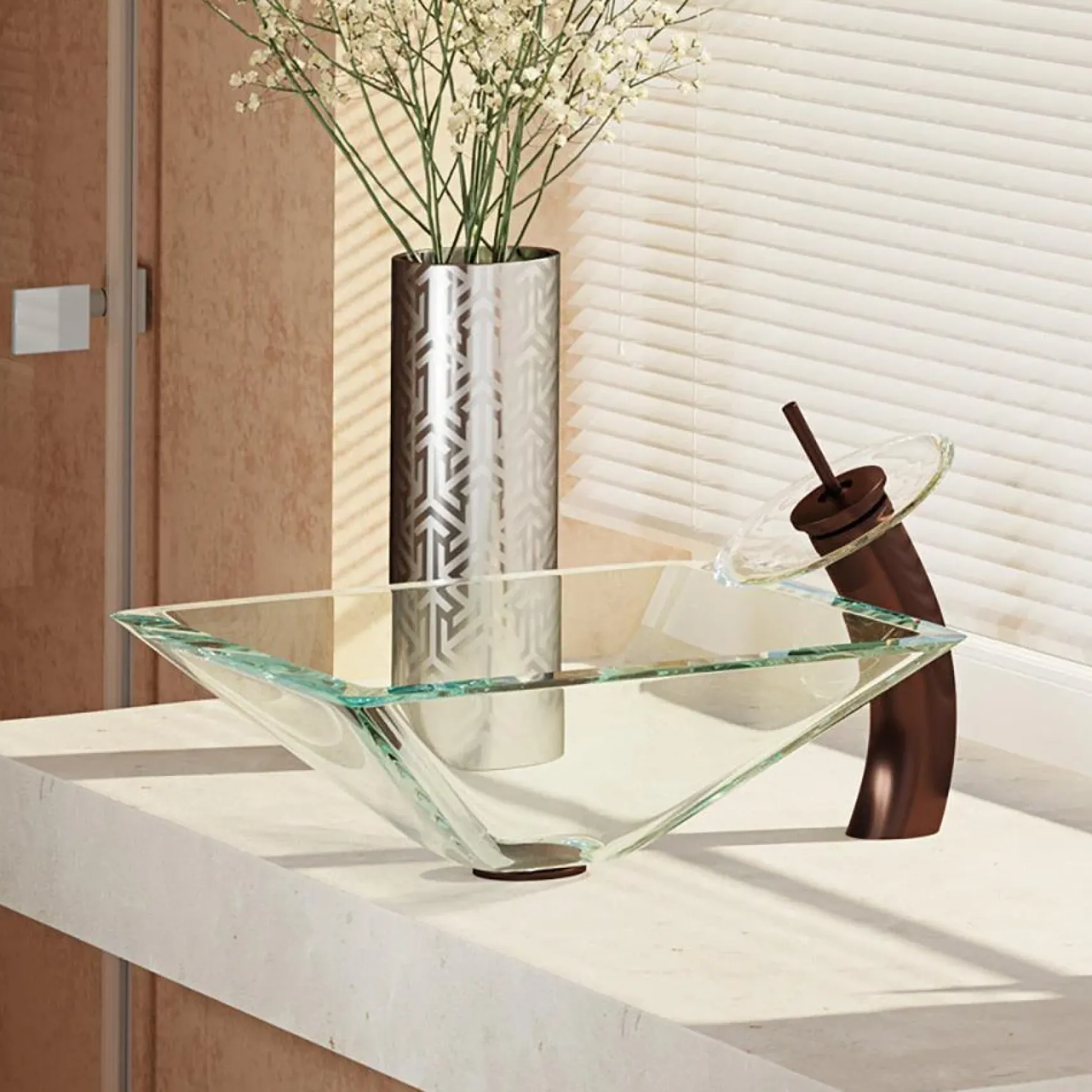 Rene 17" Square Glass Bathroom Sink, Crystal, with Faucet, R5-5003-CRY-WF-ORB