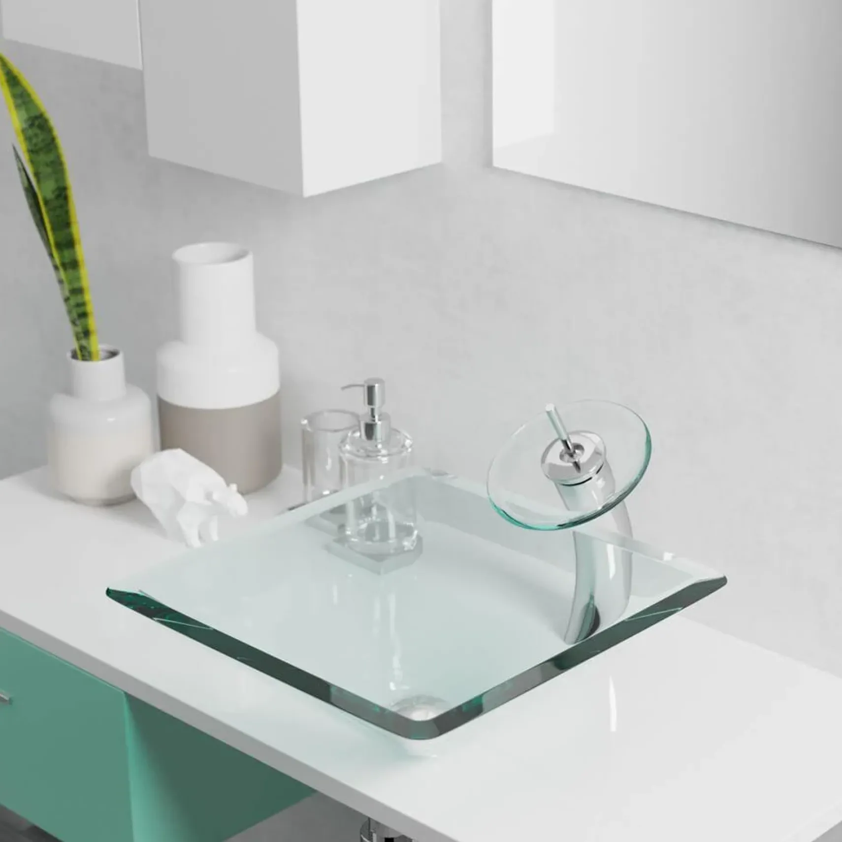 Rene 17" Square Glass Bathroom Sink, Crystal, with Faucet, R5-5003-CRY-WF-ORB