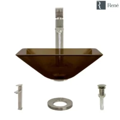 Rene 17" Square Glass Bathroom Sink, Cashmere, with Faucet, R5-5003-CAS-R9-7003-BN