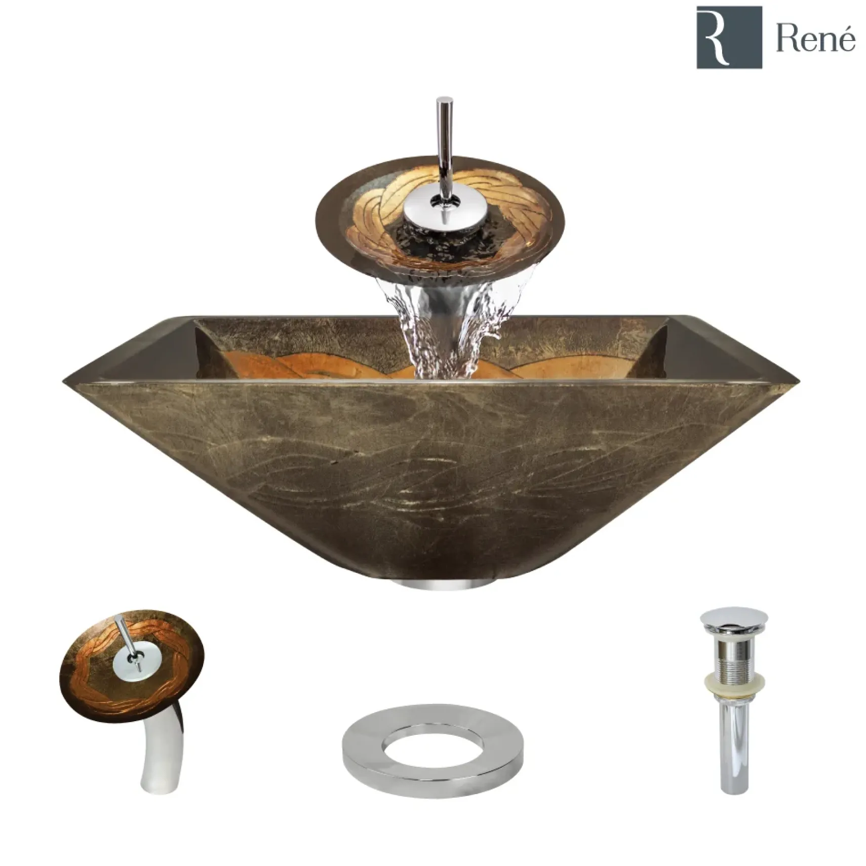 Rene 17" Square Glass Bathroom Sink, Metallic Green and Gold, with Faucet, R5-5036-WF-C