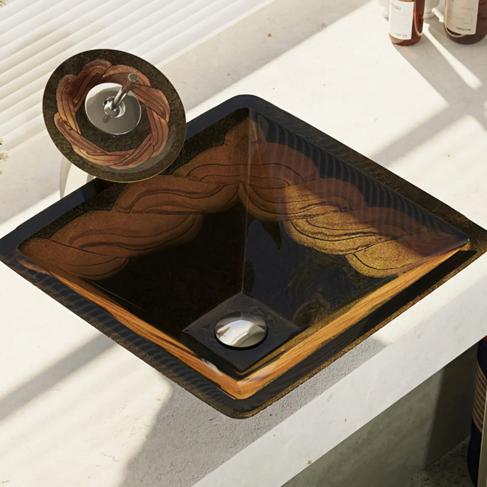 Rene 17" Square Glass Bathroom Sink, Metallic Green and Gold, with Faucet, R5-5036-WF-C