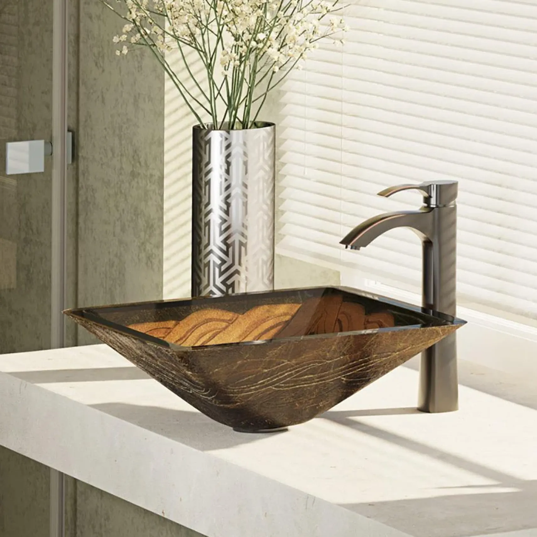 Rene 17" Square Glass Bathroom Sink, Metallic Green and Gold, with Faucet, R5-5036-R9-7006-ABR
