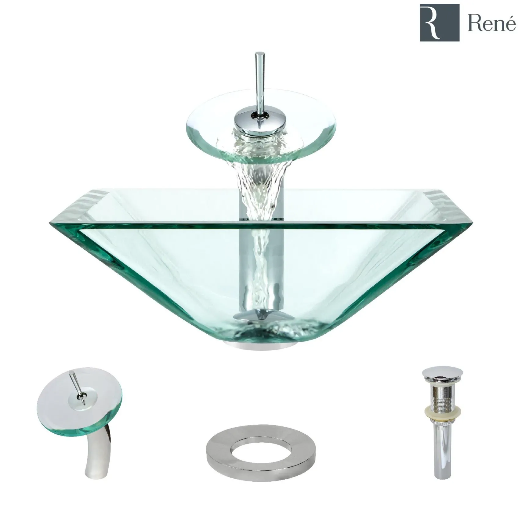 Rene 17" Square Glass Bathroom Sink, Crystal, with Faucet, R5-5003-CRY-WF-C