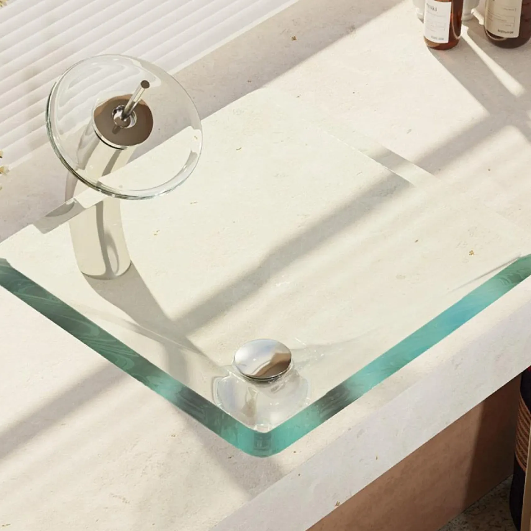 Rene 17" Square Glass Bathroom Sink, Crystal, with Faucet, R5-5003-CRY-WF-C