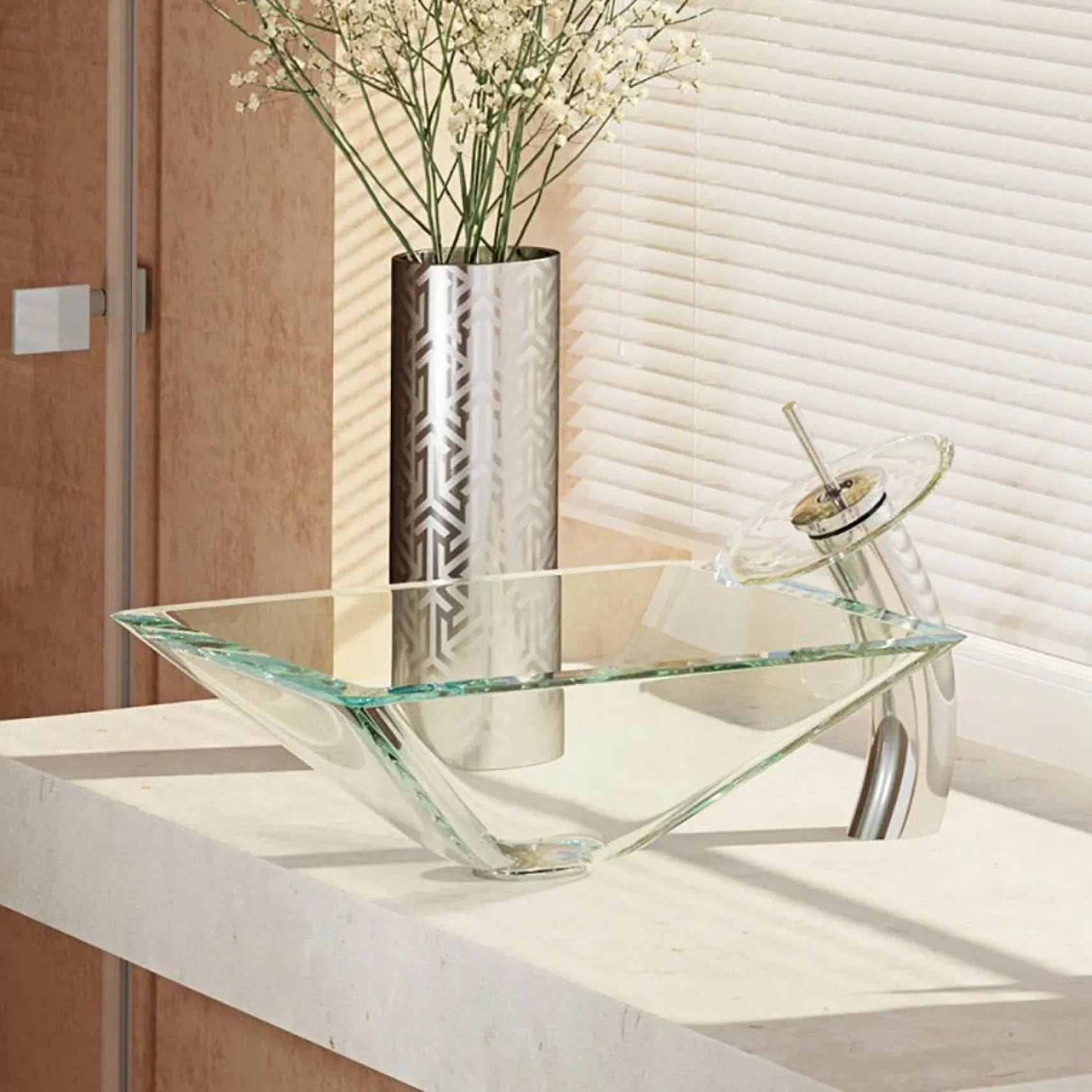 Rene 17" Square Glass Bathroom Sink, Crystal, with Faucet, R5-5003-CRY-WF-C