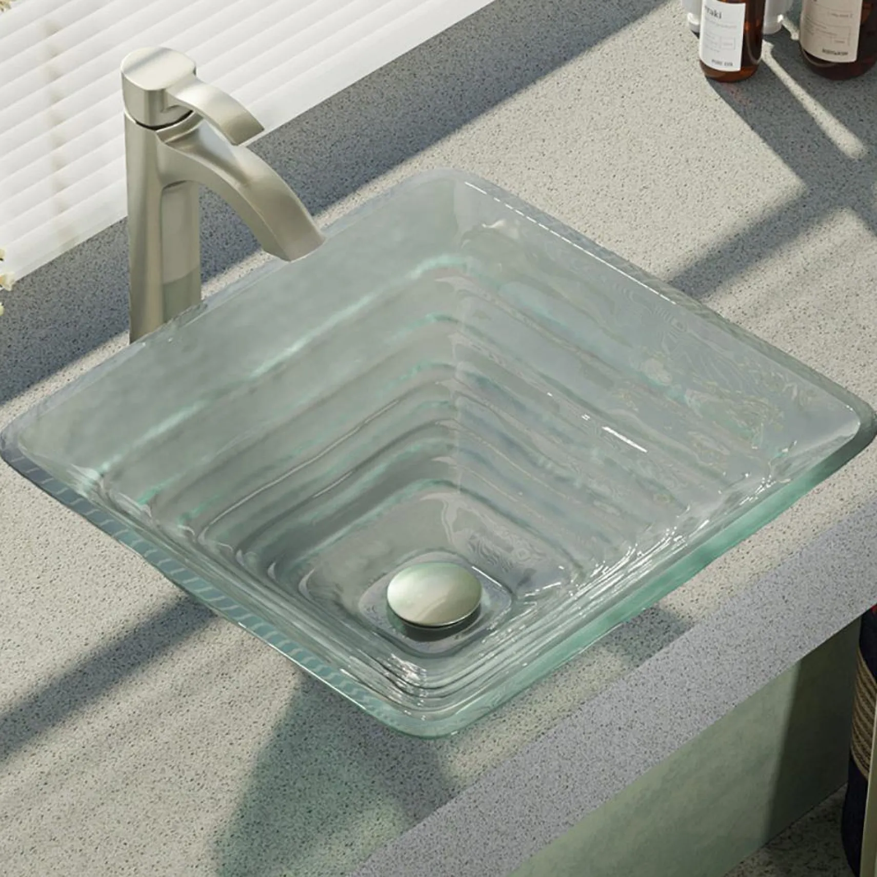 Rene 17" Square Glass Bathroom Sink, Textured, with Faucet, R5-5004-R9-7006-BN