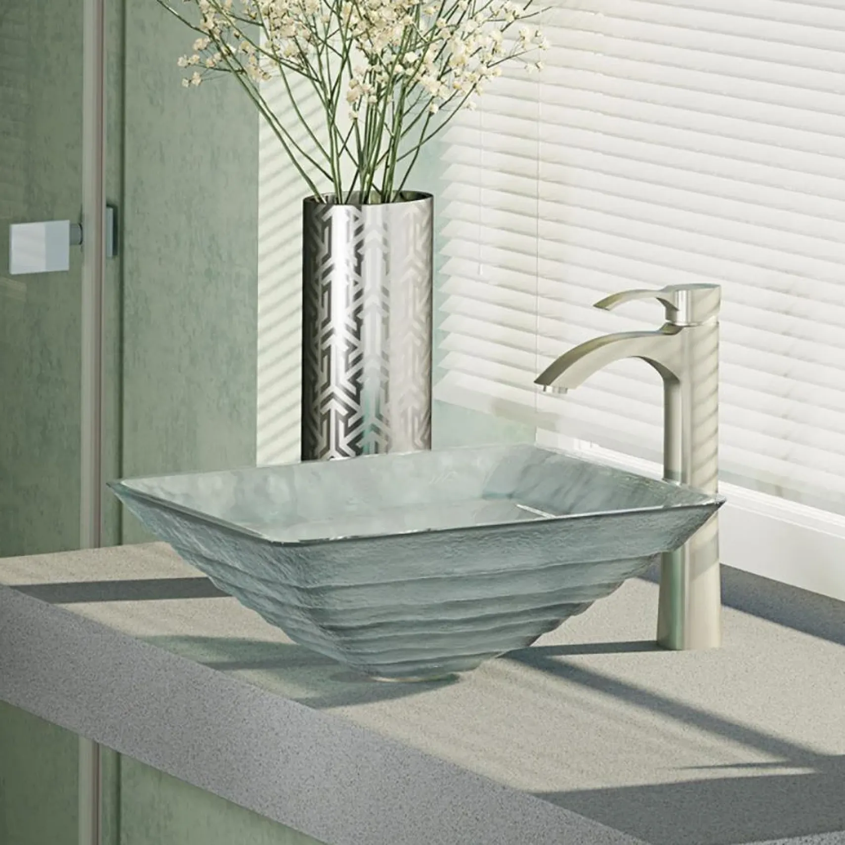 Rene 17" Square Glass Bathroom Sink, Textured, with Faucet, R5-5004-R9-7006-BN